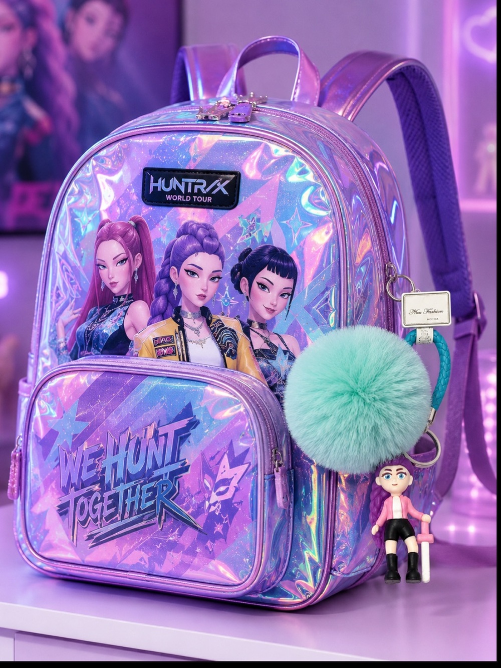 NWT K-Pop Demon Hunters Huntrix Rumi Pom Pom Bag Charm / Keychain with Wristlet